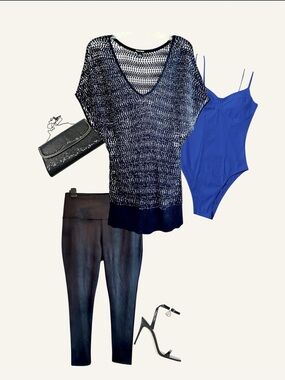 WHBM Shimmery Metallic Open Knit Dolman Sleeve Sweater Top | Size M